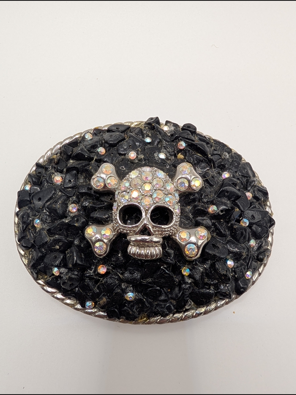 Vintage ATI Skull Crossbones Belt Buckle Black Stone AB Rhinestone Y2K McBling